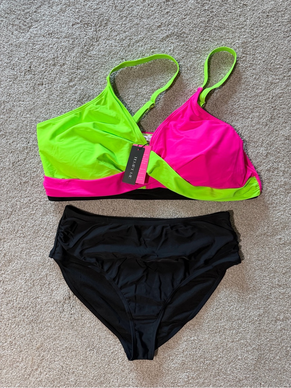 Women’s Two-Tone Neon Swim Top and Black Bottom Bikini Set